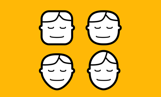 Square face round face oval face and v-shaped face on yellow background